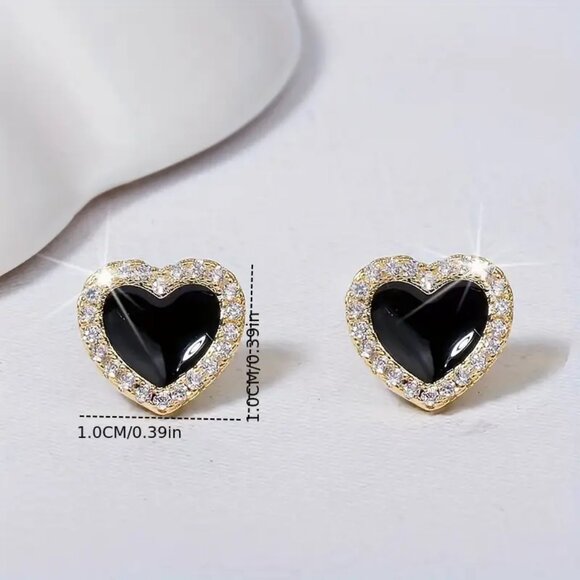 Black Heart Stud Earrings w/ Sparkling Rhinestones - Picture 2 of 4